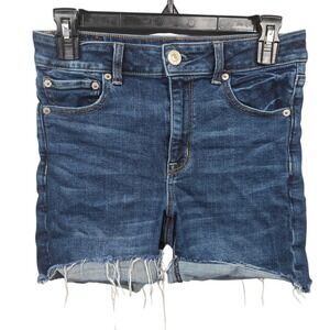 American Eagle Hi-Rise Midi Cut Off Denim Shorts Blue Super Stretch Size‎ 6